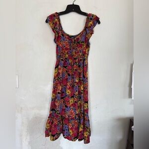 Angie Womens Floral Boho Cottagecore Smocked Waist Prairie Midi Dress, Size S